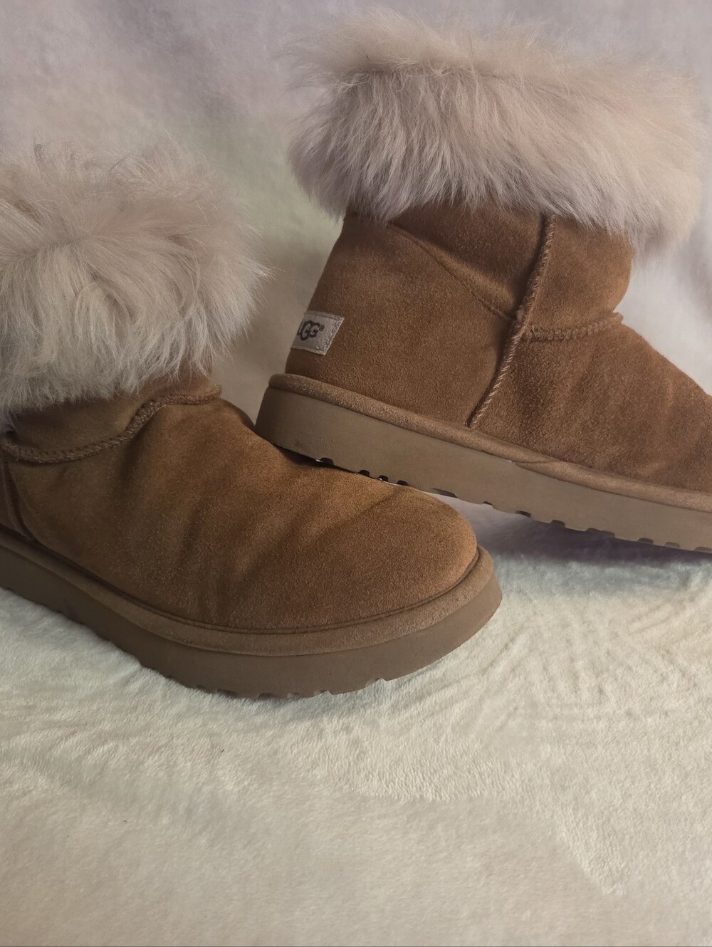 UGG Chestnut Suede Boots with Light Faux-Fur Cuff New Never Used Or Worn